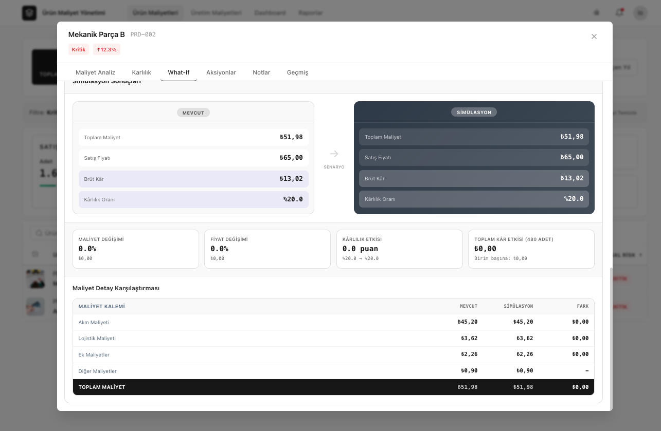 What-If Maliyet Detay